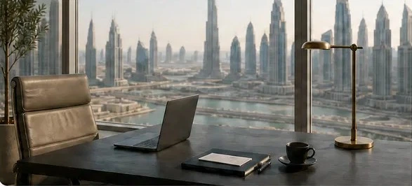 An office desk overlooking the Dubai skyline